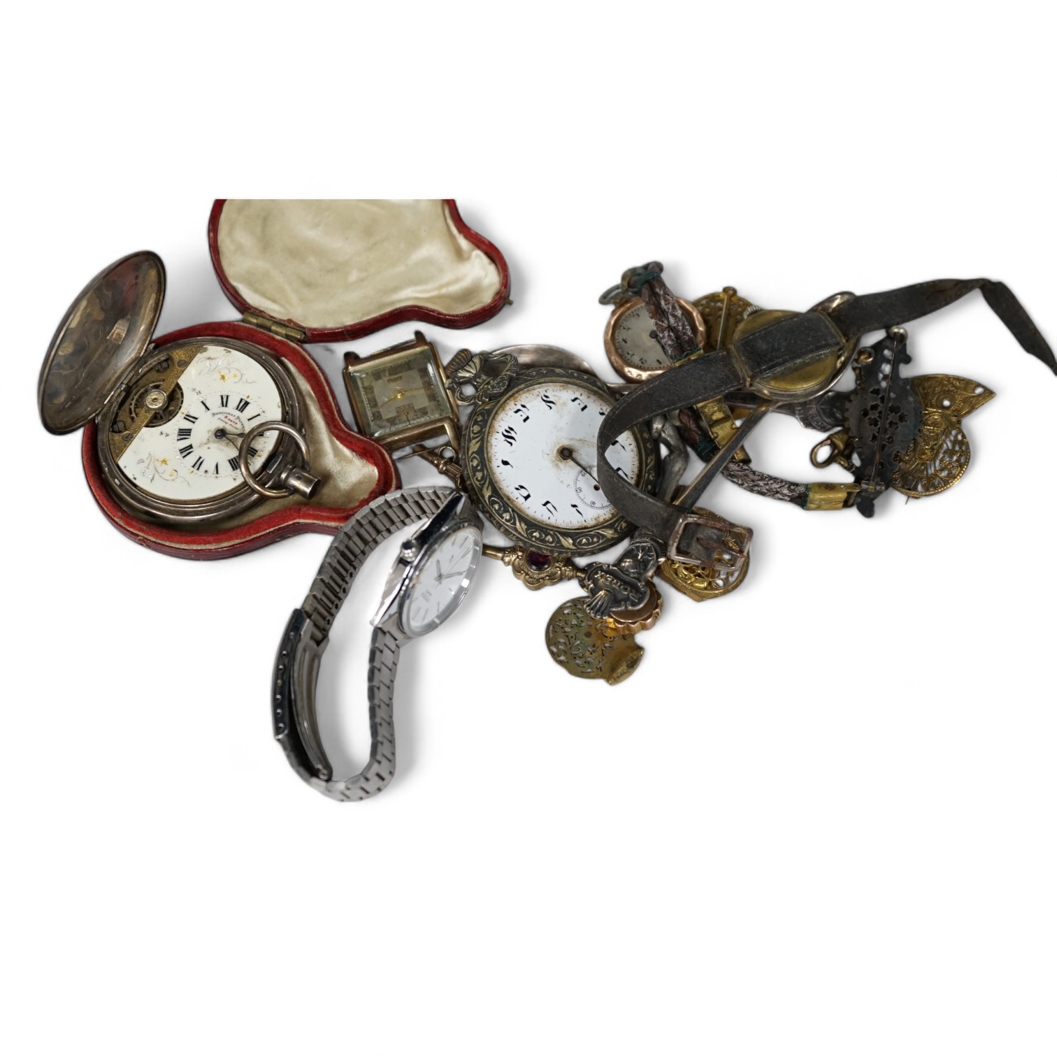 A box of watches, keys, and watch parts, including a silver Hebdomas pocket watch and a 9ct gold Rotary manual wind wrist watch. Condition - poor